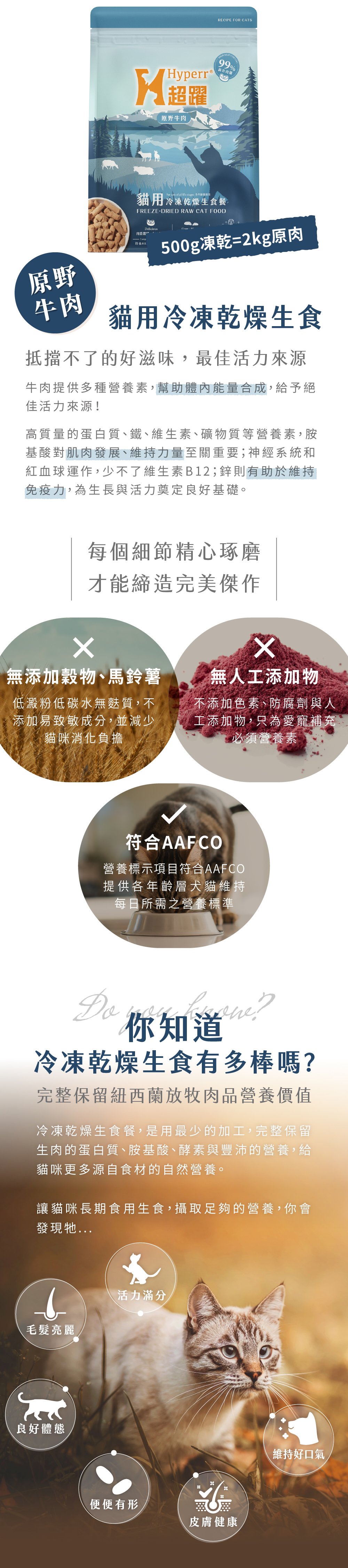 原野牛肉口味，高含量蛋白質、礦物質等營養素，幫助肌肉發展，提升免疫力。堅持無人工添加物、符合AAFCO飲食標準，用最少的加工，保留放牧肉品的原肉營養。