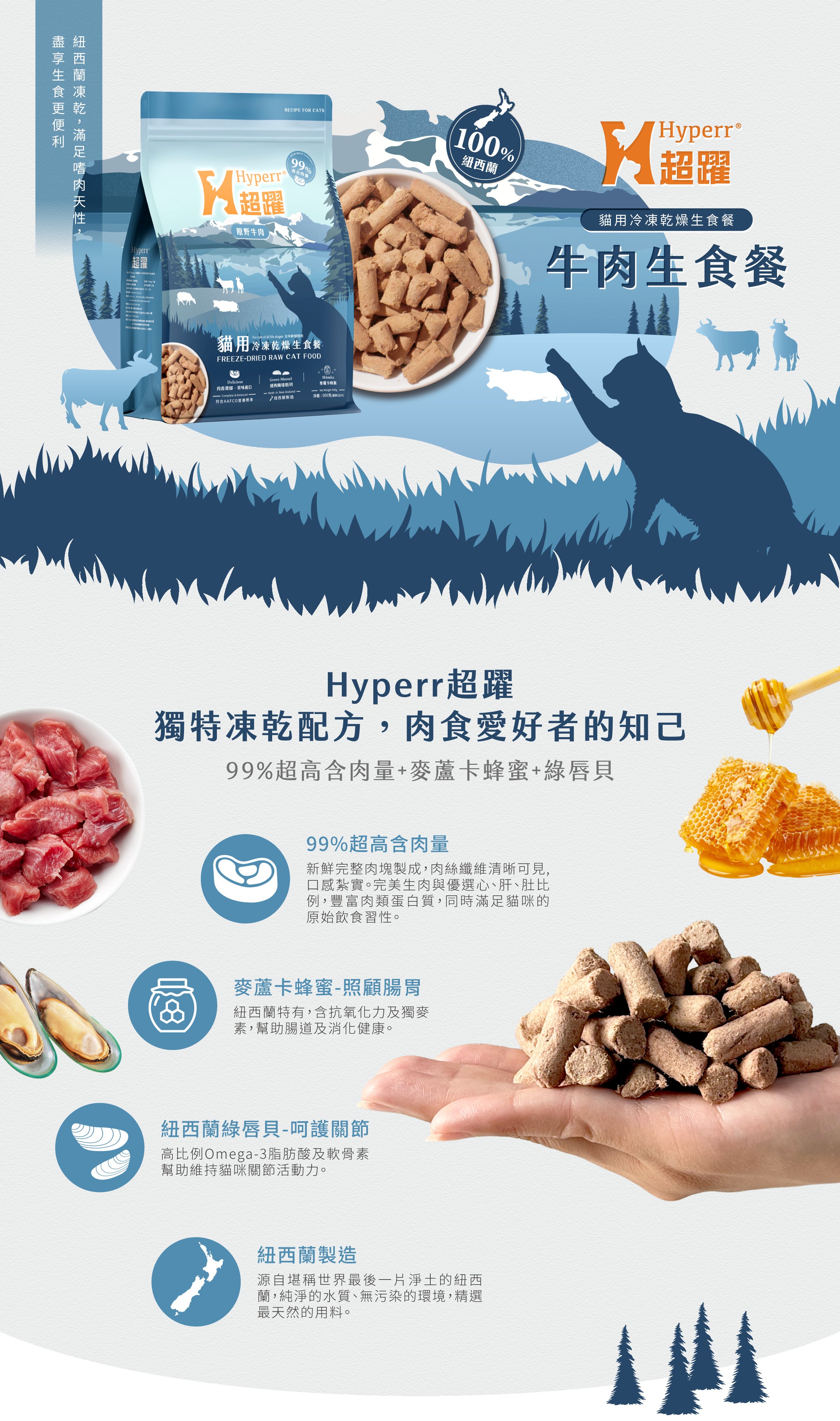 Hyperr超躍牛肉生食餐，獨特冷凍乾燥配方，高達99%含肉量，添加麥蘆卡蜂蜜及綠唇貝，幫助腸胃消化以及關節照護，紐西蘭製作的原肉飲食，滿足貓咪最原始的食性。