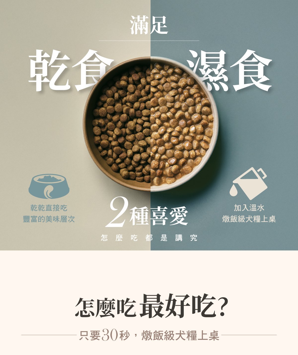 乾食濕食接可搭配餵食,直接吃層次豐富,添加溫水,燉飯級犬糧上桌。 乾食濕食接可搭配餵食,直接吃層次豐富,添加溫水,燉飯級犬糧上桌。