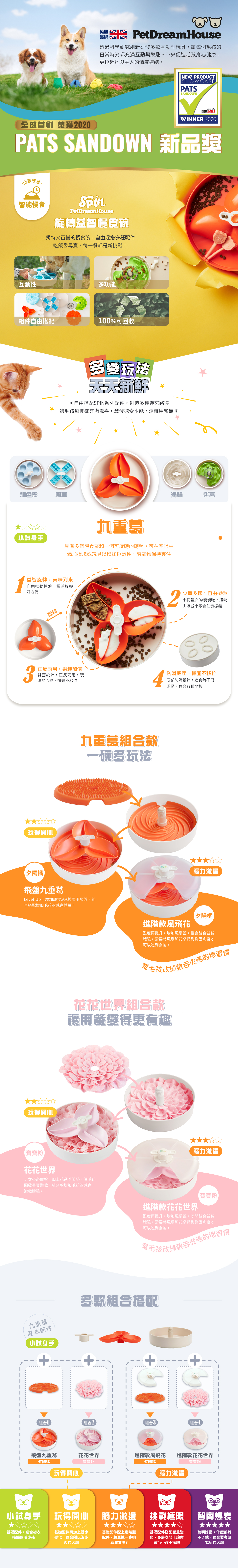 PetDreamHouse旋轉益智慢食碗，以花瓣為靈感設計，多分隔碗格搭配旋轉轉盤，讓毛孩邊吃邊玩，增加嗅覺探索與用餐樂趣，減緩進食速度。