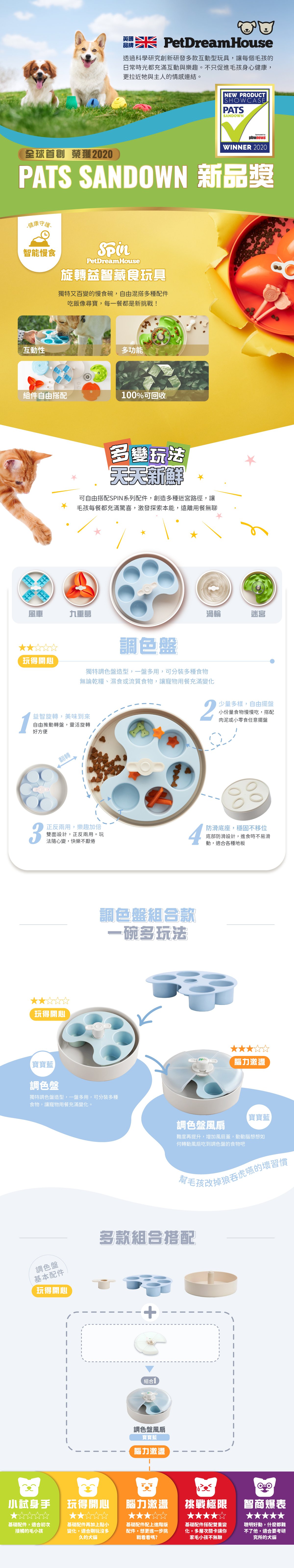 PetDreamHouse旋轉益智慢食碗，以調色盤為靈感設計，多分隔碗格搭配旋轉轉盤，讓毛孩邊吃邊玩，增加嗅覺探索與用餐樂趣，減緩進食速度。