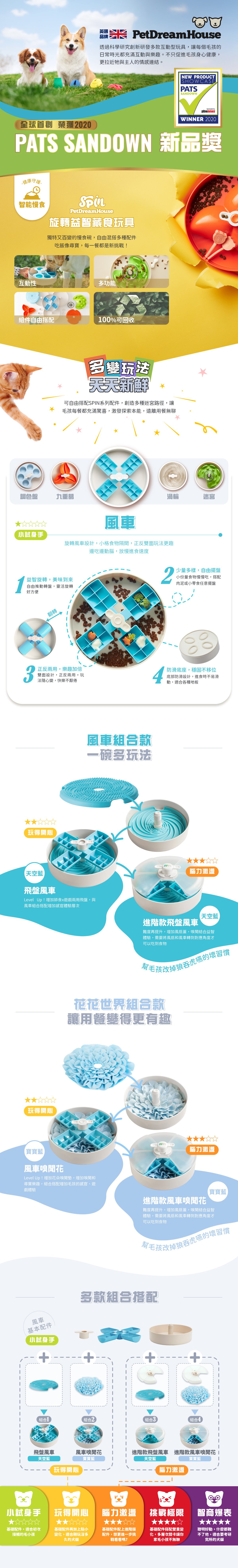 PetDreamHouse旋轉益智慢食碗，以風車為靈感設計，多分隔碗格搭配旋轉轉盤，讓毛孩邊吃邊玩，增加嗅覺探索與用餐樂趣，減緩進食速度。