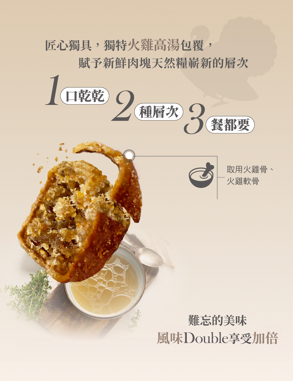 獨特火雞高湯粉包覆技術，一口乾乾，兩種層次，三餐都想要。
